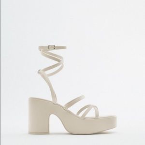 Zara LACE UP PLATFORM SANDALS, Size 7.5, White